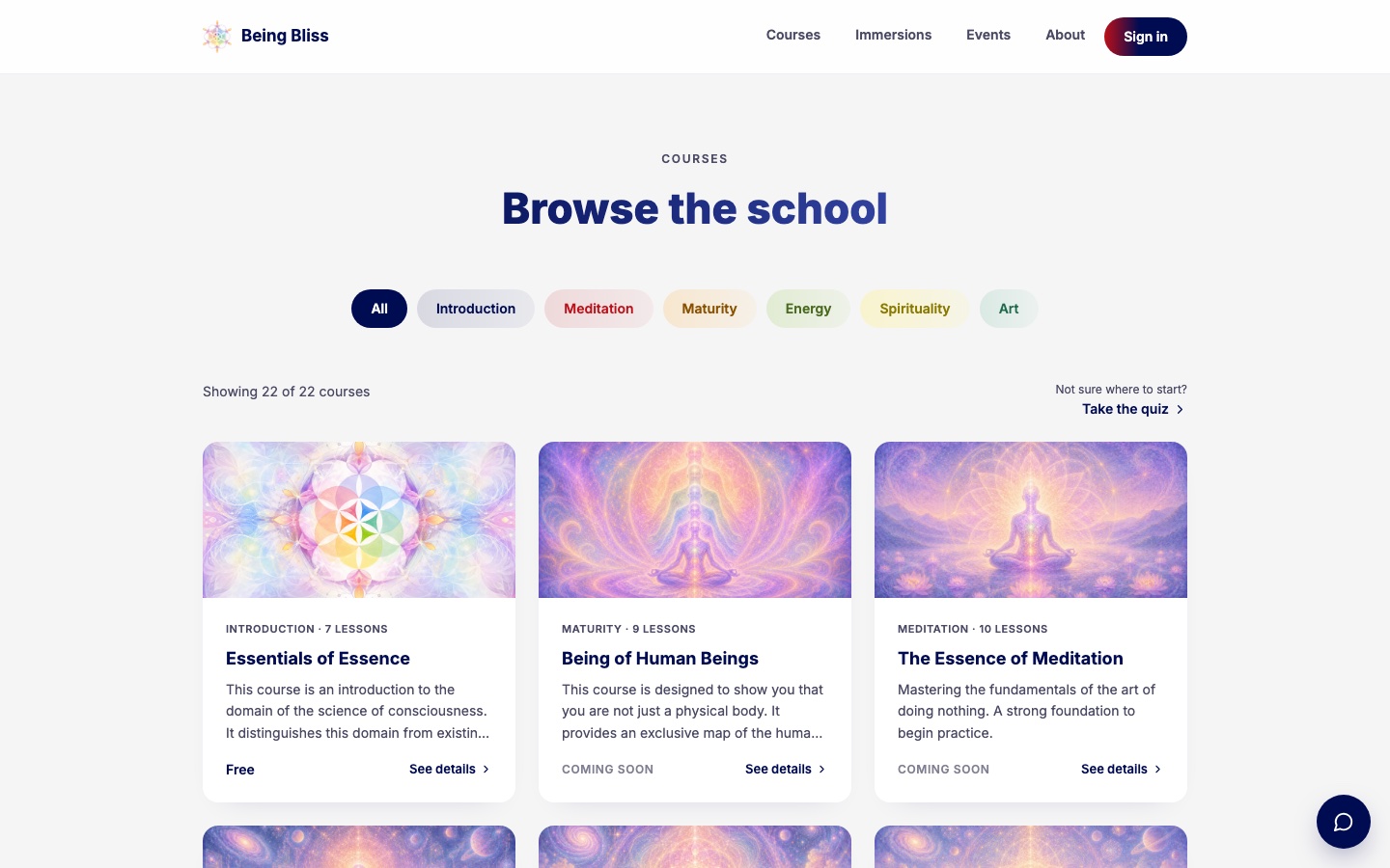 Being Bliss, course browsing page